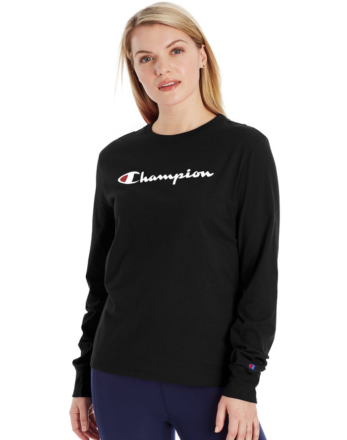 Champion Classic Long-Sleeve Script Logo - Naisten Mustat T-Paita - Suomi 8410356-BY